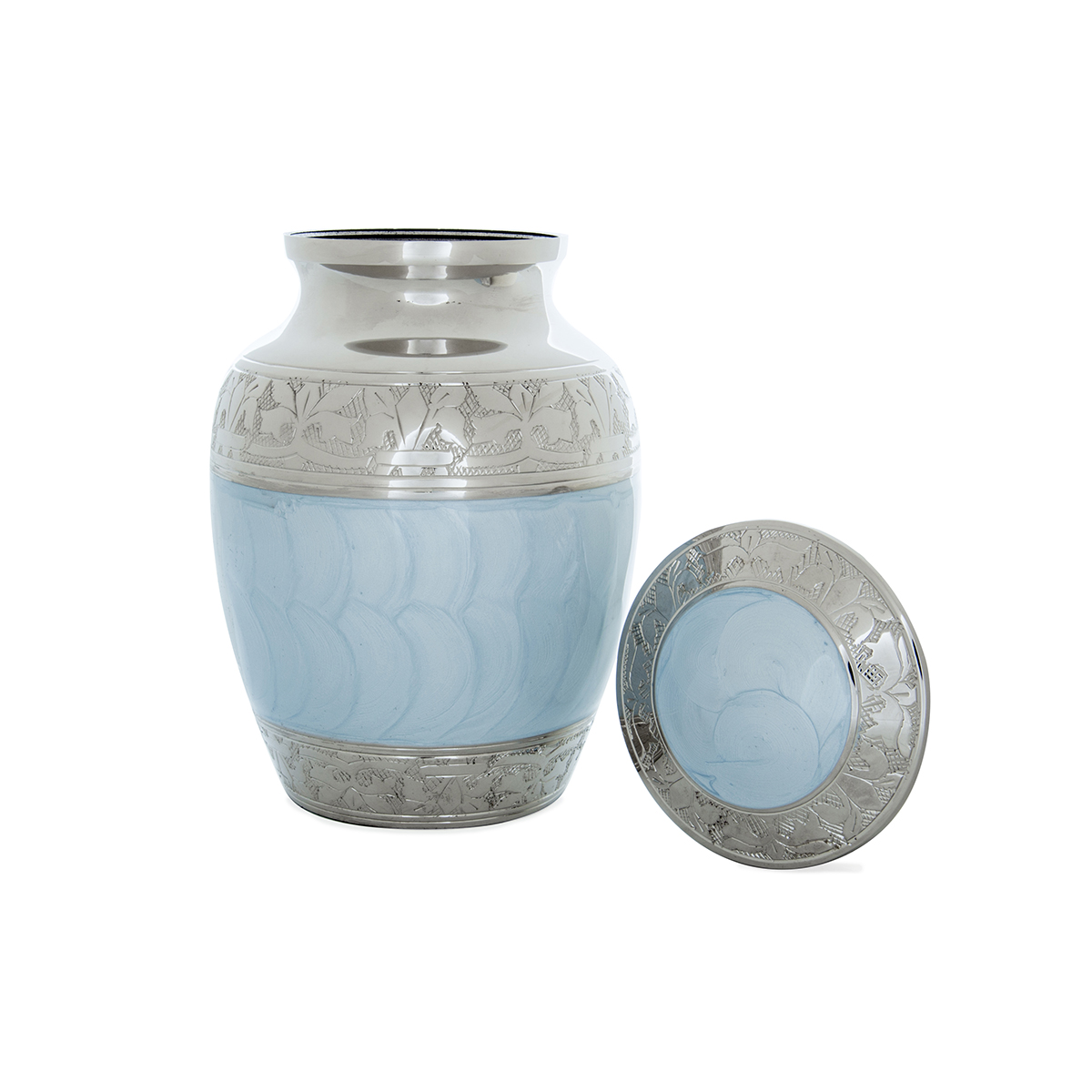 Amia Engraved Cremation Urn- polished nickel/pale blue ...